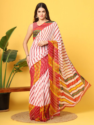 Leelavati Printed Bollywood Chiffon Saree(White, Red)
