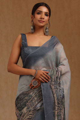 soch Digital Print Saree with Attached Blouse Chanderi Saree(Grey)