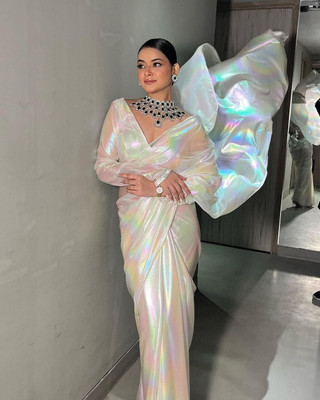 Lighthouse Solid/Plain Bollywood Lycra Blend Saree(White)