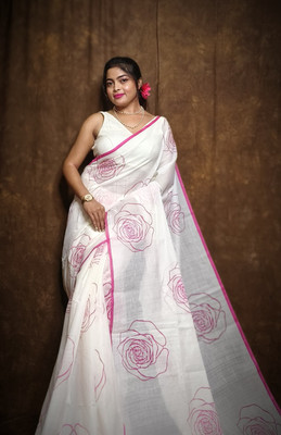binita Printed Handloom Cotton Blend Saree(White, Pink)