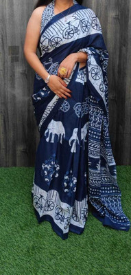 HIYAMI Blocked Printed, Color Block, Floral Print, Printed Ikkat Pure Cotton Saree(Blue)