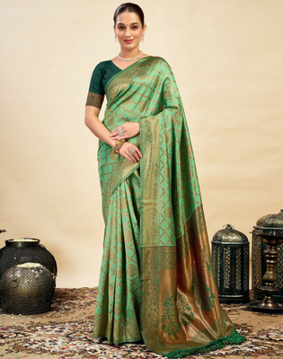 Samah Woven, Embellished Banarasi Jacquard, Silk Blend Saree(Green)