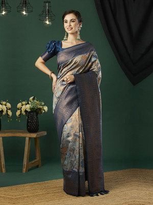 HERE&NOW Woven Banarasi Silk Blend Saree(Grey)