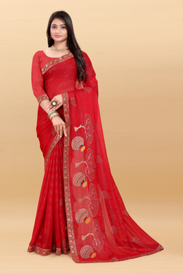 ETHNICRANG Embroidered Bollywood Georgette Saree(Red)