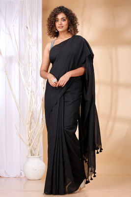 DHRITI Solid/Plain Handloom Cotton Blend Saree(Black)