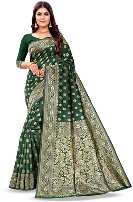 SATQ Woven, Floral Print Kanjivaram Cotton Silk Saree(Dark Green, Gold)