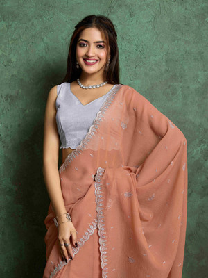 Tasrika Embroidered, Solid/Plain Bollywood Georgette Saree(Orange)