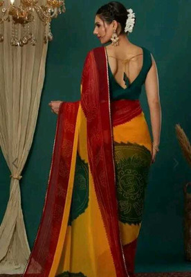 VedikaaFashion Printed, Geometric Print, Blocked Printed Bandhani Georgette Saree(Multicolor)