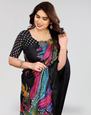 ANIRAV Printed Mysore Art Silk Saree(Pink, Black)