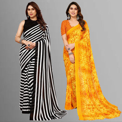 Anand Sarees Floral Print, Polka Print, Ombre, Printed Bollywood Georgette Saree(Pack of 2, Black, Yellow)