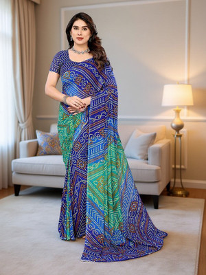 SmittenSmit Printed Bollywood Georgette Saree(Blue, Green)