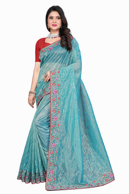 MAHADEV Embroidered Bollywood Supernet Saree(Blue)