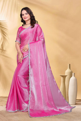 PATDOM Solid/Plain Bollywood Jimmy choo Saree(Pink)