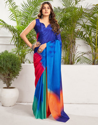 Satrani Printed, Color Block Bollywood Chiffon, Crepe Saree(Dark Blue, Multicolor)