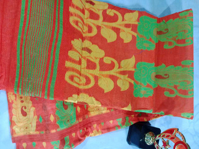 Soma Tant saree Mahal Self Design, Woven, Geometric Print Handloom Cotton Silk Saree(Orange)