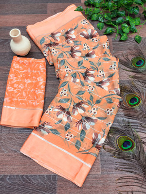 Anand Sarees Printed Saree with Attached Blouse Georgette, Satin Saree(Orange)