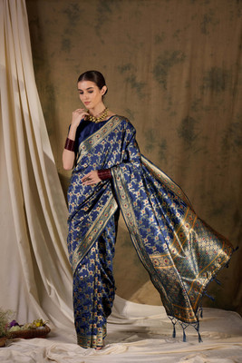 Sangria Woven Saree with Attached Blouse Silk Blend Saree(Dark Blue)