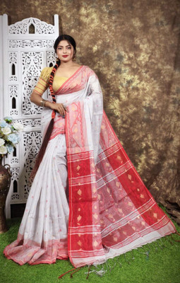 ANU INDIAN FASHION Woven, Temple Border Tant Cotton Blend Saree(White, Red)