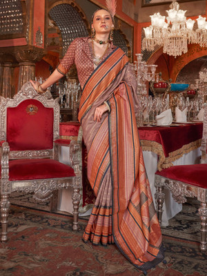 Sareemall Printed Banarasi Silk Blend Saree(Brown)