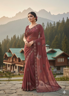 Mumbai faishonz Floral Print Bollywood Handloom Chiffon Saree(Maroon)