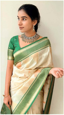 MAHADEV DESIGN Woven Kanjivaram Pure Silk Saree(Cream, Green)