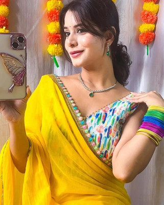 Volmina Solid/Plain, Self Design Bollywood Georgette Saree(Yellow)