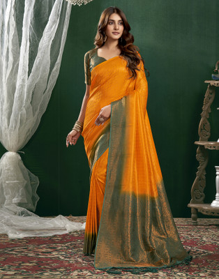 Samah Woven, Embellished, Self Design Kanjivaram Silk Blend Saree(Mustard, Dark Blue)