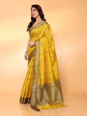 Moda Rapido Embellished Assam Silk Silk Blend Saree(Yellow)