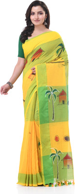TANTLOOM Printed Handloom Handloom Pure Cotton Saree(Yellow)