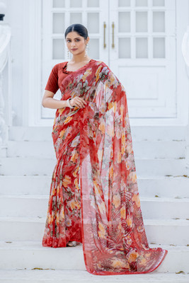 VIBHAGYAA Printed Daily Wear Chiffon Saree(Red, Multicolor)