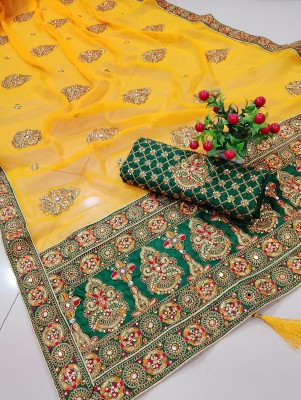 Anjani Textile Embroidered, Embellished Bollywood Silk Blend Saree(Yellow)