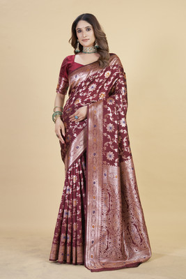 Divastri Floral Print Banarasi Silk Blend Saree(Maroon)