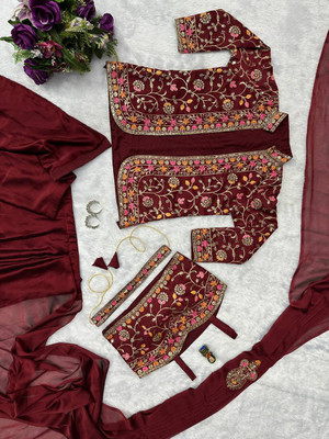 nilormy Embroidered Pre Draped Saree Tussar Silk Saree(Maroon)