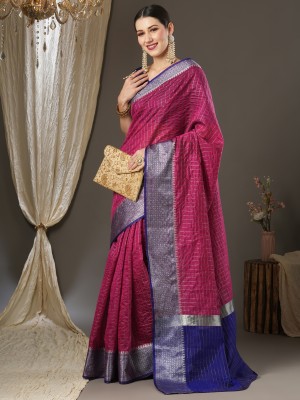 Sareemall Woven, Checkered Kanjivaram Silk Blend, Art Silk Saree(Pink, Blue)