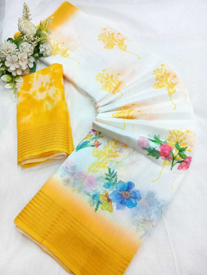 PRTRENDZ Floral Print Kanjivaram Chanderi, Pure Silk Saree(Gold, White)