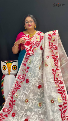 SP Boutique Embroidered Jamdani Cotton Silk Saree(White, Red)
