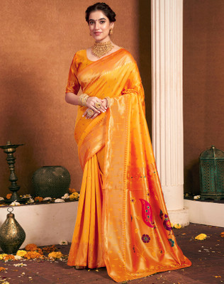 Divastri Woven, Embellished Paithani Silk Blend, Jacquard Saree(Yellow)