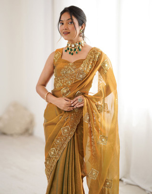 Satrani Embroidered, Embellished Bollywood Chiffon Saree(Mustard)
