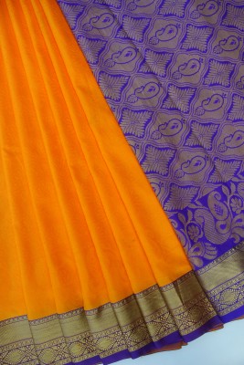 Chennai Clothing store Self Design, Solid/Plain Banarasi Pure Silk, Satin Saree(Yellow)
