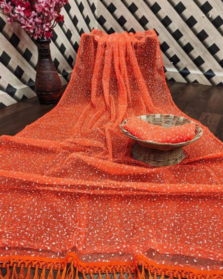 GZS Solid/Plain Banarasi Net Saree(Orange)
