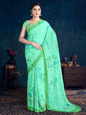 Kalamandir Floral Print Bollywood Silk Blend Saree(Green)