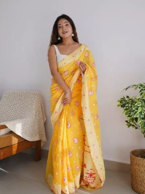 NIRLABH Striped Banarasi Pure Silk Saree(Yellow)