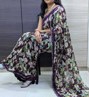 VD PRINTS Printed Pochampally Georgette Saree(Dark Blue)