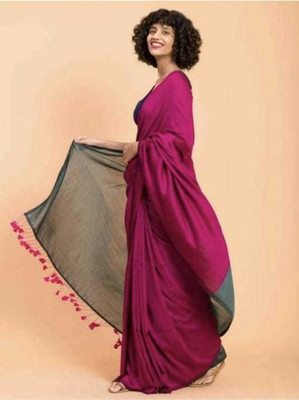 Binay textile Solid/Plain Handloom Cotton Silk Saree(Purple)