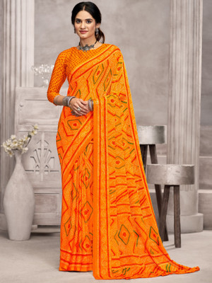 SainiVastra Printed Bandhani Chiffon Saree(Yellow)