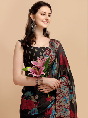 Ethnic Junction Printed Daily Wear Chiffon Saree(Black)