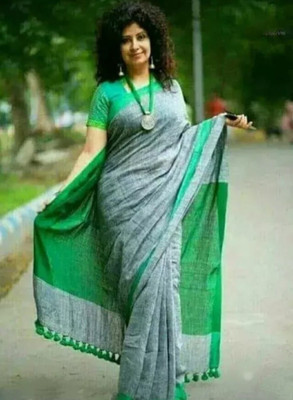 Sandhyatara Solid/Plain Handloom Cotton Silk Saree(Grey)