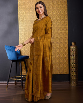 Divastri Embellished, Solid/Plain, Self Design Bollywood Tussar Silk, Silk Blend Saree(Brown)