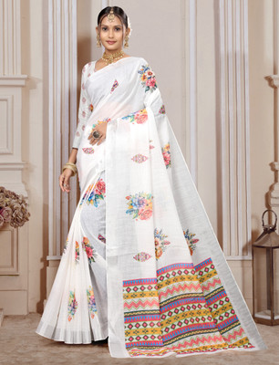 Gajal Printed Kanjivaram Pure Cotton, Cotton Linen Saree(White)