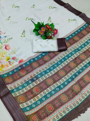 HouseOfCommon Printed Kanjivaram Pure Cotton, Cotton Linen Saree(White)